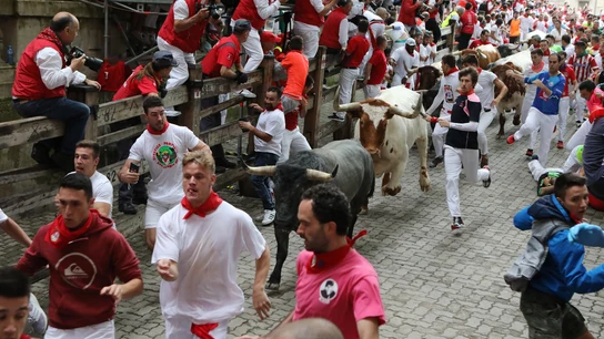 Tercer encierro de las fiestas de San Fermín con toros de la ganadería José Escolar en Pamplona. Tercer encierro de las fiestas de San Fermín con toros de la ganadería José Escolar en Pamplona.