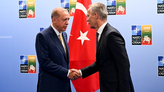 Recep Tayyip Erdogan, presidente de Turquía, saluda al secretario general de la OTAN, Jens Stoltenberg Recep Tayyip Erdogan, presidente de Turquía, saluda al secretario general de la OTAN, Jens Stoltenberg