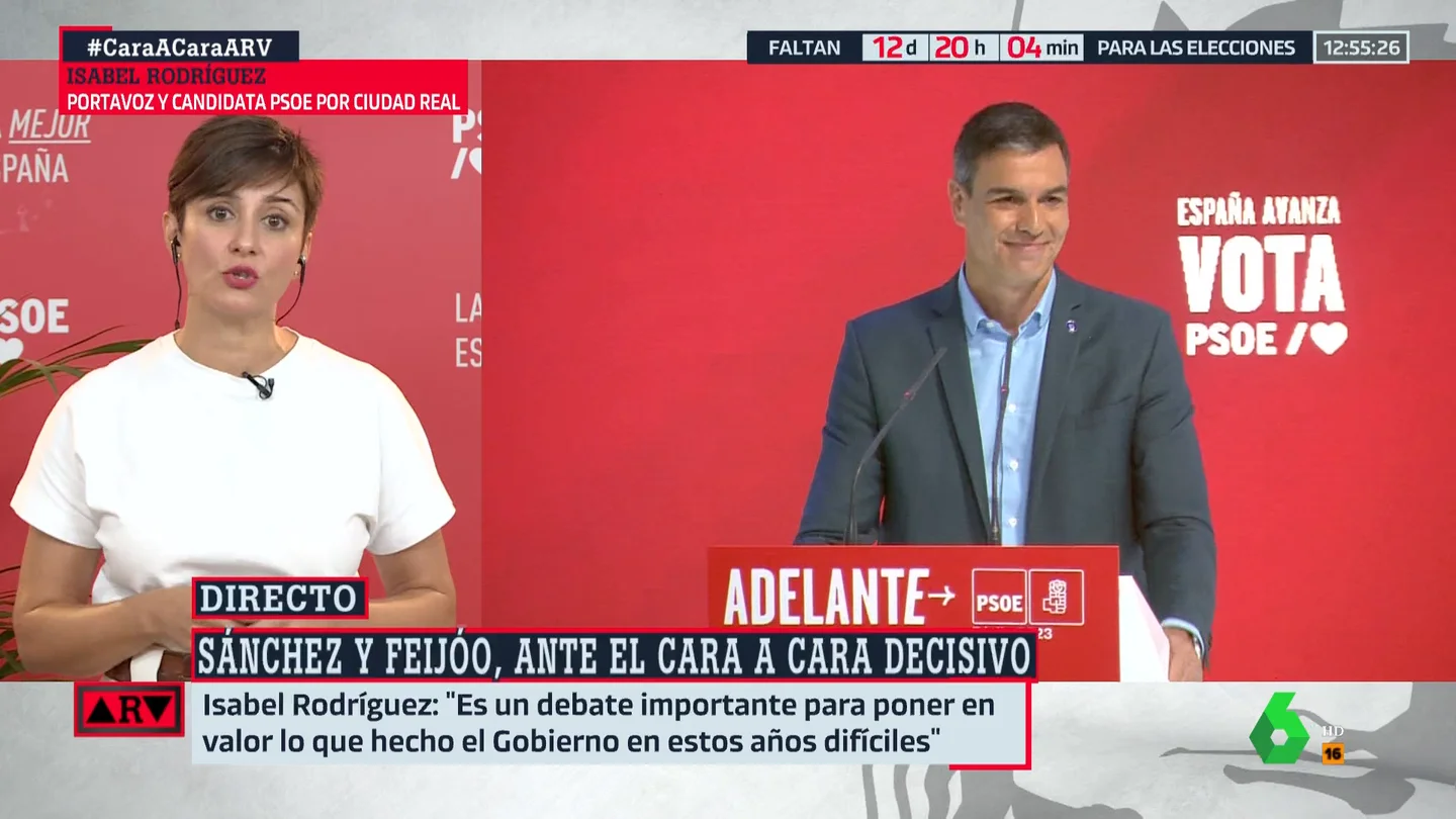 Isabel Rodríguez destaca la importancia del 'cara a cara' entre Feijóo y Sánchez: "Pone en evidencia todo lo que nos jugamos" Isabel Rodríguez destaca la importancia del 'cara a cara' entre Feijóo y Sánchez: "Pone en evidencia todo lo que nos jugamos"