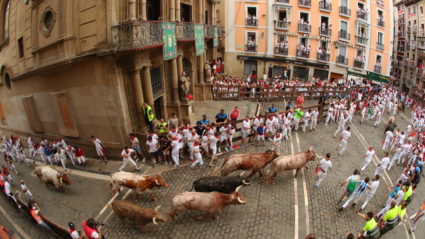 La manada de la ganadería de Núñez del Cuvillo a su paso por la plaza del Ayuntamiento durante el quinto encierro de los sanfermines 2023. La manada de la ganadería de Núñez del Cuvillo a su paso por la plaza del Ayuntamiento durante el quinto encierro de los sanfermines 2023.