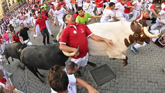 Los legendarios toros de la ganadería de Miura, durante el octavo y último encierro de sanfermines este viernes en Pamplona. Los legendarios toros de la ganadería de Miura, durante el octavo y último encierro de sanfermines este viernes en Pamplona.