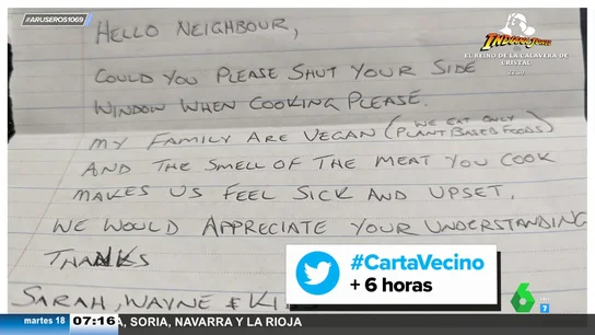 La carta viral de una familia vegana a su vecino: "El olor de la carne que cocinas nos hace sentir enfermos y molestos" La carta viral de una familia vegana a su vecino: "El olor de la carne que cocinas nos hace sentir enfermos y molestos"