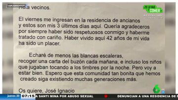 La emotiva carta de despedida de un anciano a sus vecinos antes de mudarse a la residencia