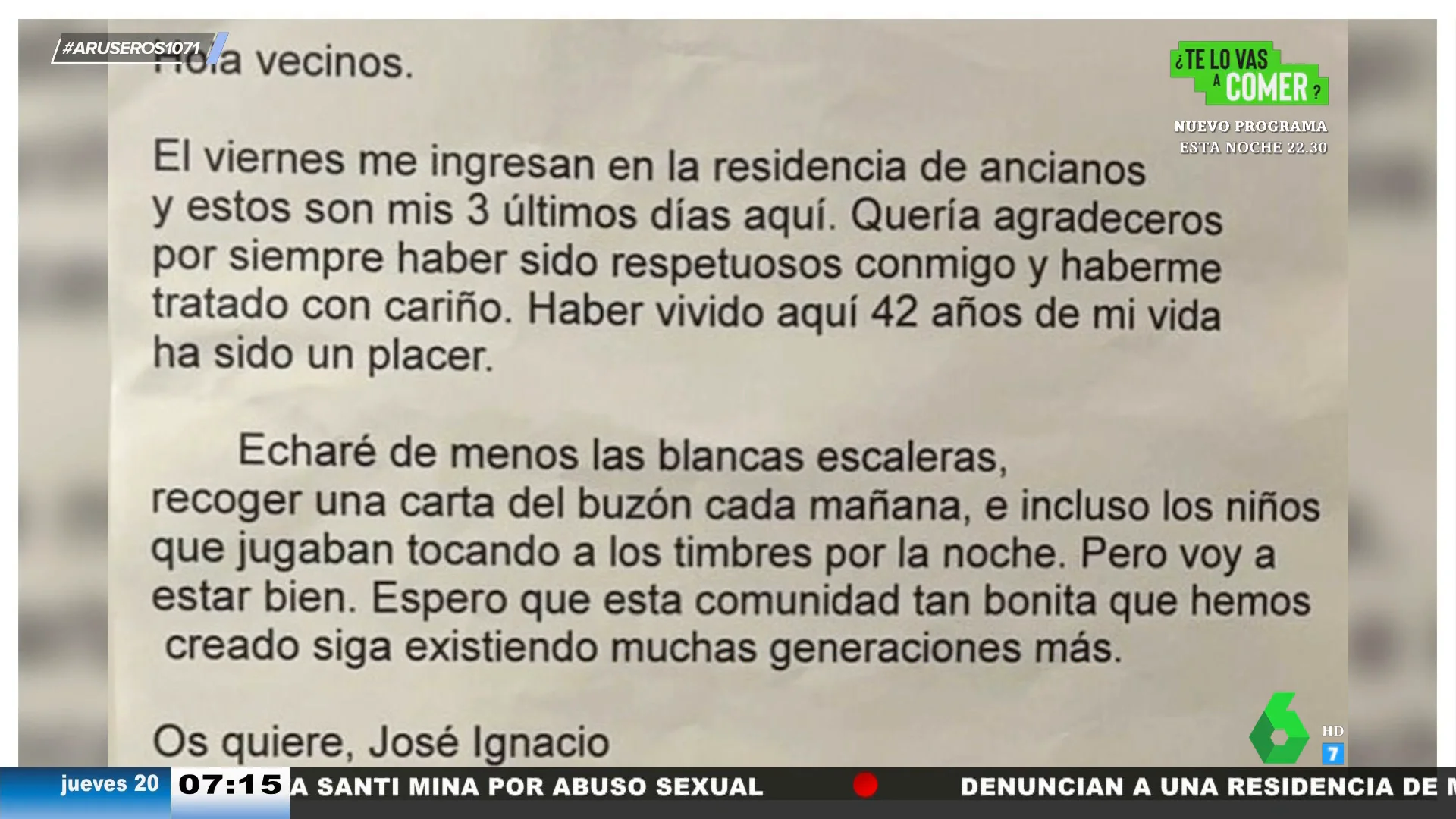 La emotiva carta de despedida de un anciano a sus vecinos antes de mudarse a la residencia