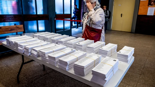Una mujer observa las papeletas electorales en un colegio electoral. Una mujer observa las papeletas electorales en un colegio electoral.