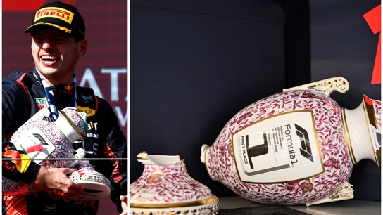 Verstappen, con su trofeo de campeón roto Verstappen, con su trofeo de campeón roto