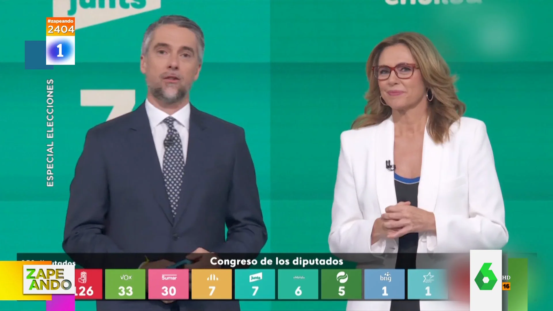 Un micro abierto juega una pala pasada a una periodista durante el programa especial de las elecciones 