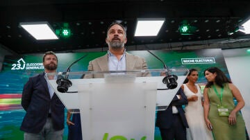 Santiago Abascal en la sede de Vox tras la jornada electoral del 23j