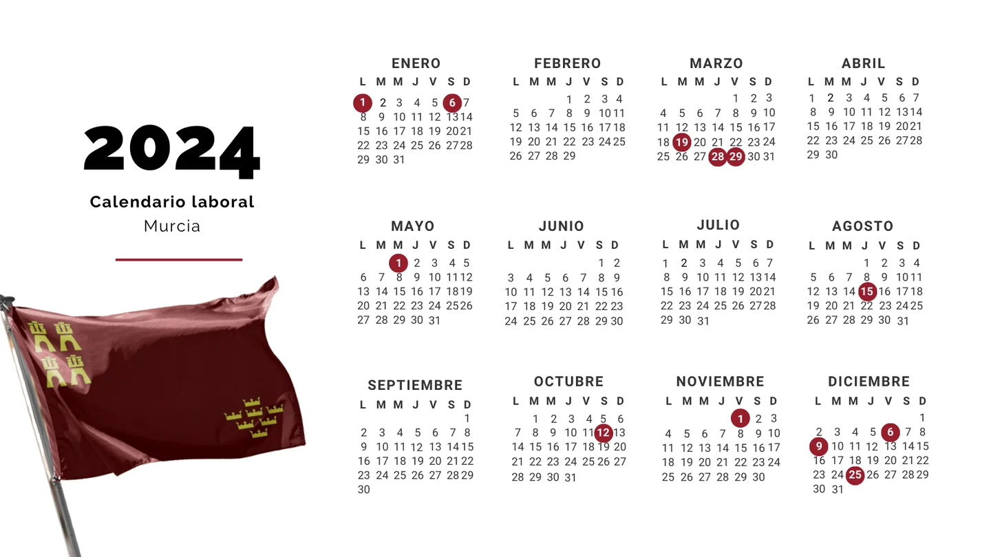 Calendario laboral de Murcia para 2024, festivos, días libres y puentes en la Región Calendario laboral de Murcia para 2024, festivos, días libres y puentes en la Región
