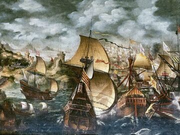 El óleo 'Isabel I y la Armada Española' que representa la batalla naval de Gravelinas.