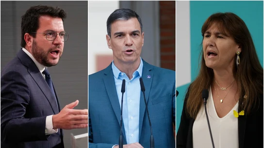 En la imagen, Pere Aragonès (ERC), Pedro Sánchez (PSOE) y Laura Borràs (Junts) En la imagen, Pere Aragonès (ERC), Pedro Sánchez (PSOE) y Laura Borràs (Junts)