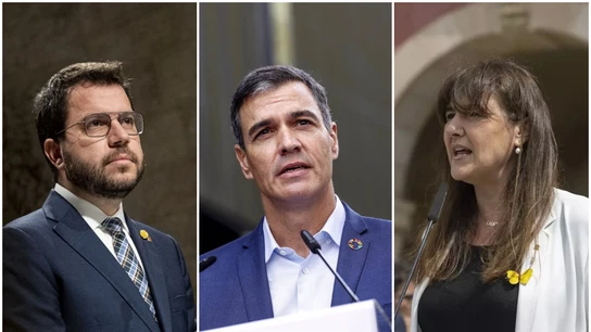 En la imagen, Pere Aragonès (ERC), Pedro Sánchez (PSOE) y Laura Borràs (Junts) En la imagen, Pere Aragonès (ERC), Pedro Sánchez (PSOE) y Laura Borràs (Junts)
