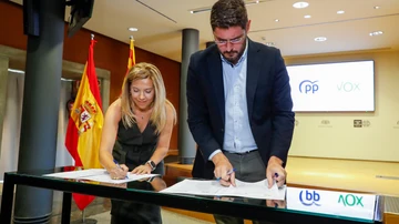 Los portavoces del PP y de Vox en el parlamento aragonés, Ana Alós (i) y Alejandro Nolasco (d) durante la firma este viernes del pacto de gobierno de coalición que garantiza al popular Jorge Azcón la Presidencia de Aragón
