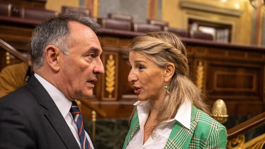 Enrique Santiago y Yolanda Díaz conversan durante una sesión de control al Gobierno. Enrique Santiago y Yolanda Díaz conversan durante una sesión de control al Gobierno.