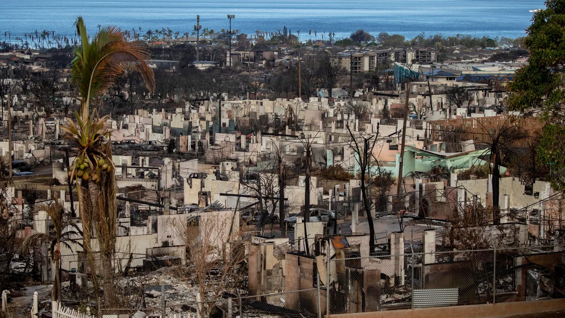 Construcciones devastadas por el fuego en Maui, Hawái