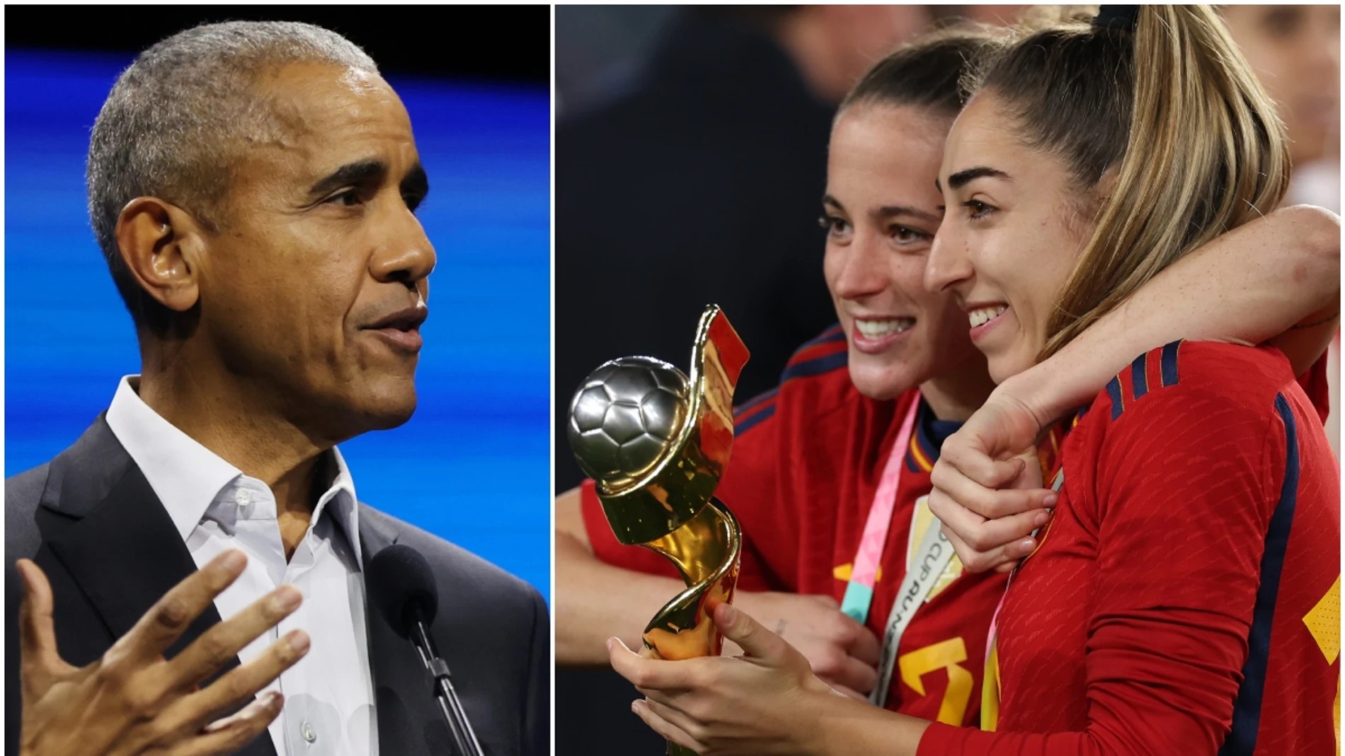Barack Obama, expresidente de EEUU, a la izquierda; a la derecha, las campeonas del mundo