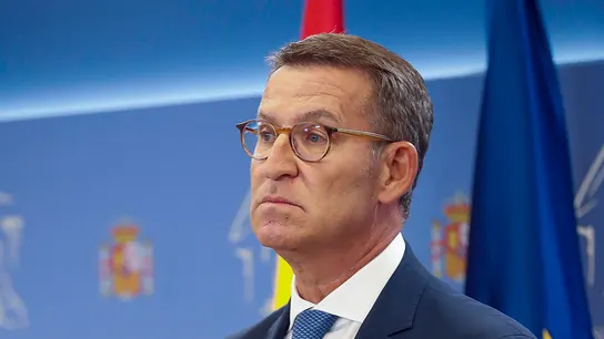 El líder del PP, Alberto Núñez Feijóo, durante una rueda de prensa tras la recepción con el rey Felipe VI El líder del PP, Alberto Núñez Feijóo, durante una rueda de prensa tras la recepción con el rey Felipe VI