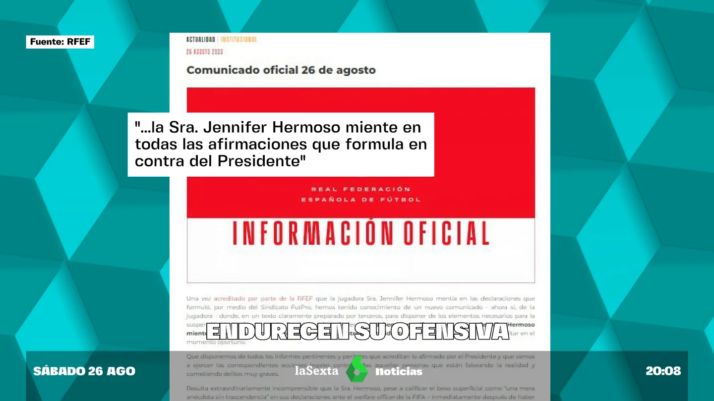 El nuevo comunicado de la RFEF contra Jenni Hermoso: "Ha sido abducida por el sindicato FutPro" El nuevo comunicado de la RFEF contra Jenni Hermoso: "Ha sido abducida por el sindicato FutPro"