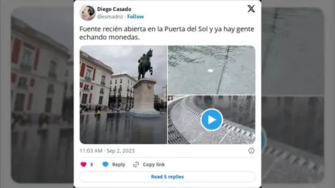 Así es la nueva fuente de la Puerta del Sol de Madrid (y la gente ya está tirando monedas dentro) Así es la nueva fuente de la Puerta del Sol de Madrid (y la gente ya está tirando monedas dentro)