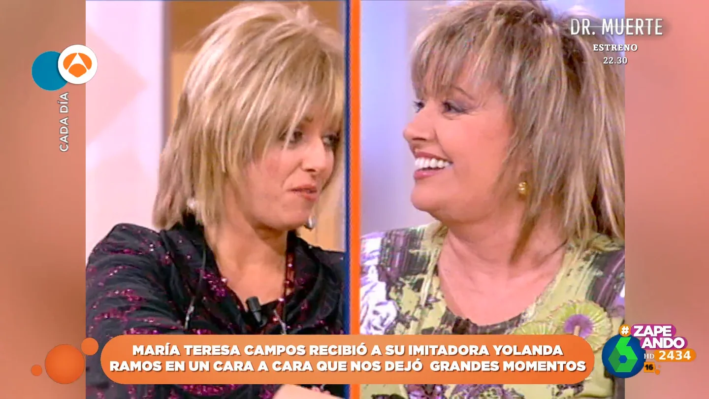 El divertido 'cara a cara' entre María Teresa Campos y su imitadora Yolanda Ramos en su programa El divertido 'cara a cara' entre María Teresa Campos y su imitadora Yolanda Ramos en su programa