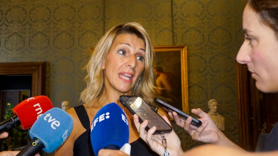 La vicepresidenta segunda del Gobierno en funciones, Yolanda Díaz, durante la presentación del libro 'Per una construzione della terra' en Roma. La vicepresidenta segunda del Gobierno en funciones, Yolanda Díaz, durante la presentación del libro 'Per una construzione della terra' en Roma.