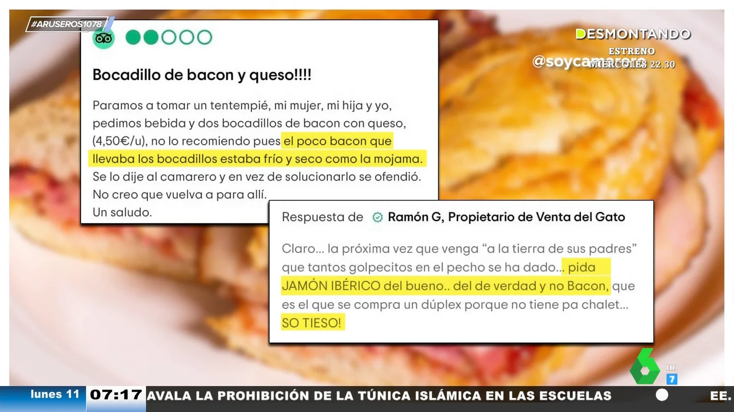 La polémica respuesta del dueño de un bar a una mala reseña: "Se compra un dúplex porque no tiene pa' chalet, so tieso" La polémica respuesta del dueño de un bar a una mala reseña: "Se compra un dúplex porque no tiene pa' chalet, so tieso"