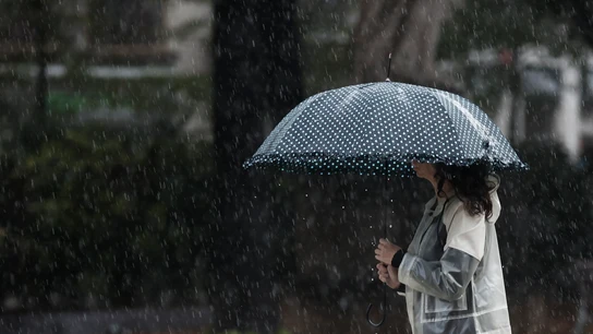 Una mujer pasea bajo la lluvia protegida por su paraguas Una mujer pasea bajo la lluvia protegida por su paraguas