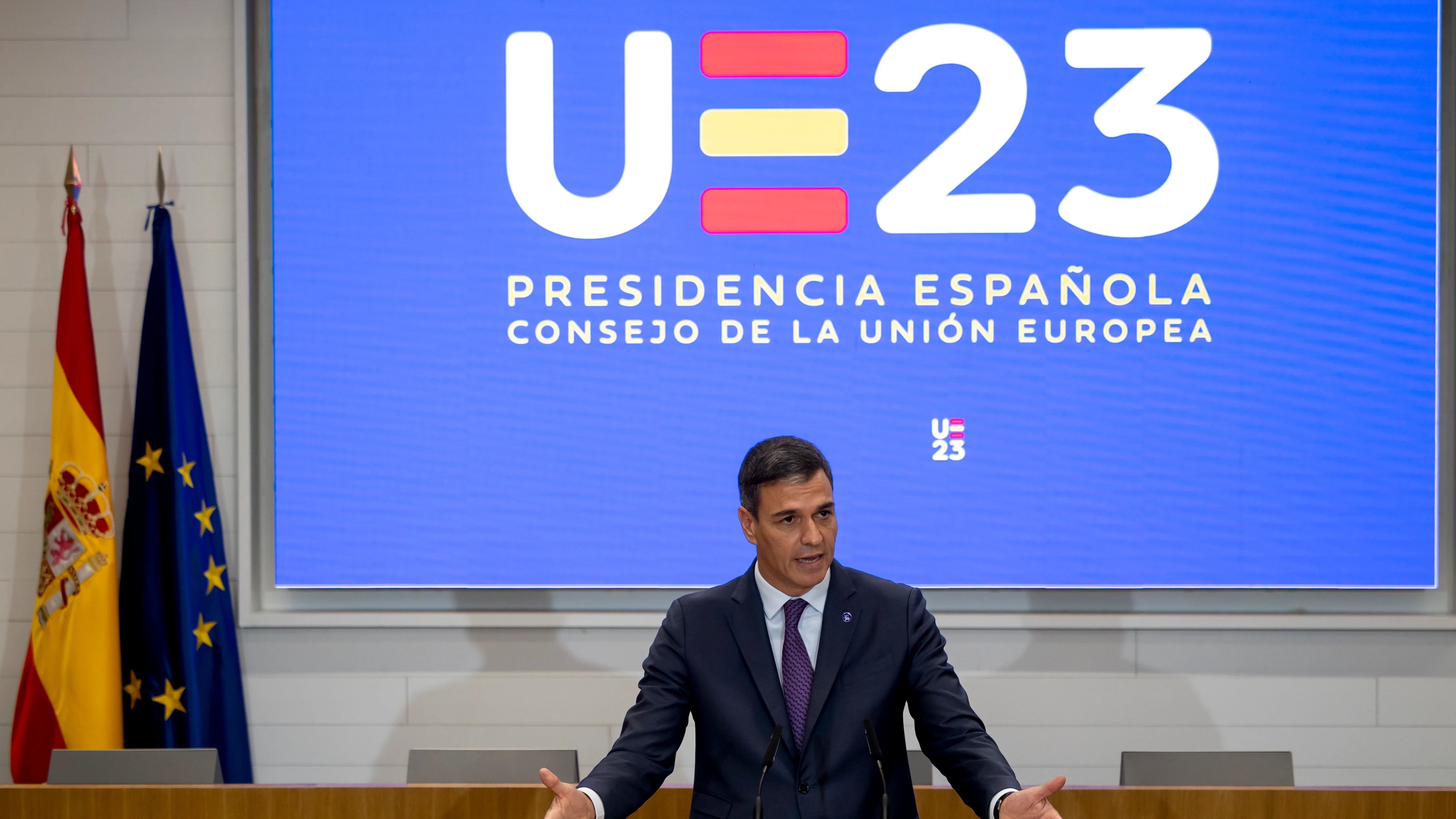 Pedro Sánchez, durante el acto en el que se presentó la propuesta estratégica de la Presidencia española de la UE.