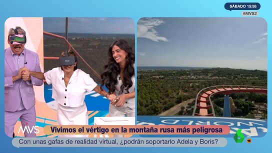 El momentazo de Adela Gonz&aacute;lez y Boris Izaguirre al 'subirse a una monta&ntilde;a rusa' con gafas de realidad virtual: "Me estoy poniendo mala" 