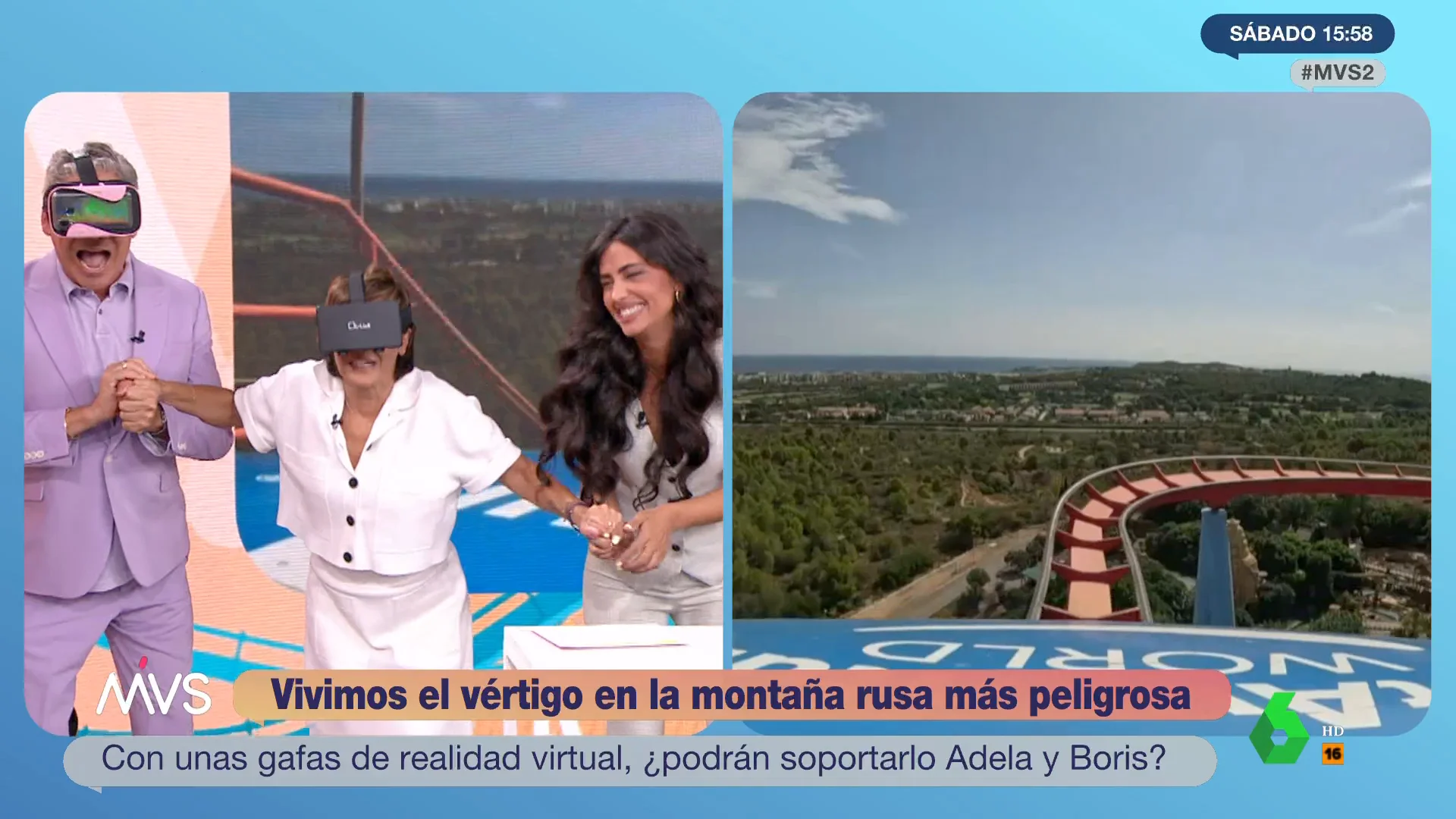 El momentazo de Adela González y Boris Izaguirre al 'subirse a una montaña rusa' con gafas de realidad virtual: "Me estoy poniendo mala" 