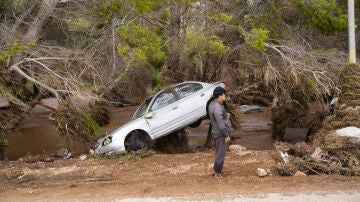 Un vehículo yace sobre un árbol después de ser arrastrado por una inundación en Derna (Libia)