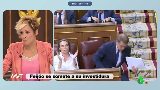 La risa de Cristina Pardo cuando Feijóo dice reunir los votos: "Dado por hecho que Puigdemont votará lo mismo que Vox" La risa de Cristina Pardo cuando Feijóo dice reunir los votos: "Dado por hecho que Puigdemont votará lo mismo que Vox"