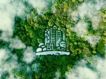 Imagen de un lago y un bosque dibujando una ciudad