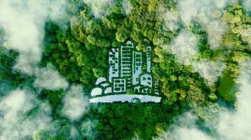 Imagen de un lago y un bosque dibujando una ciudad