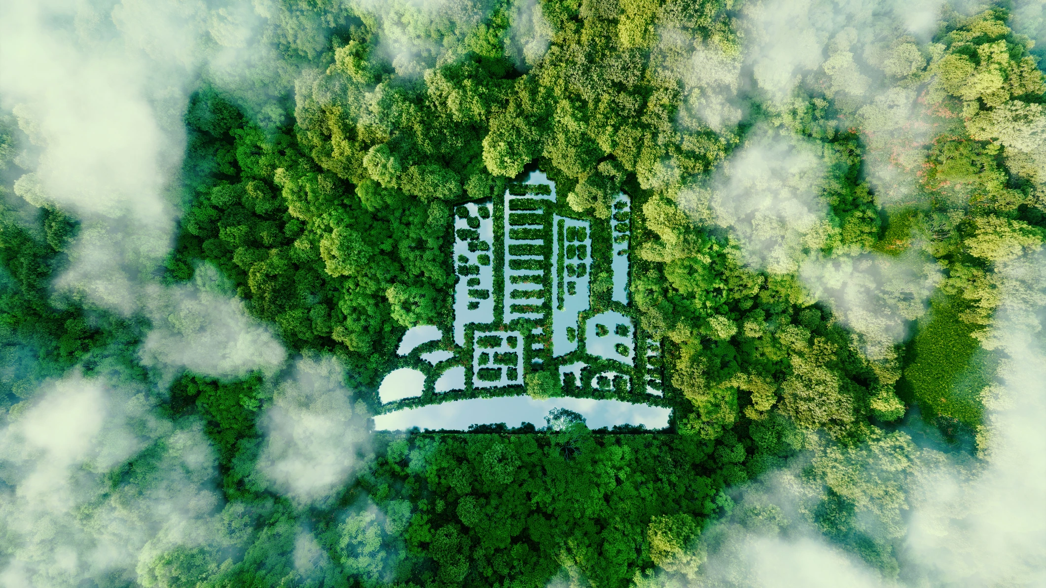 Imagen de un lago y un bosque dibujando una ciudad Imagen de un lago y un bosque dibujando una ciudad