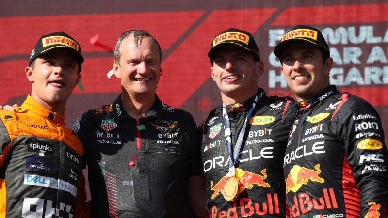 Lando Norris, Max Verstappen y Sergio Pérez