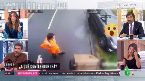 El momento en el que un coche se queda 'tirado' cuando trata de adelantar a un camión de basura saliéndose de la carretera
