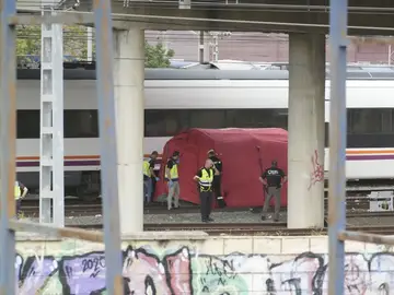 La policía junto al cadáver localizado entre dos trenes cerca de la estación de Santa Justa, donde desapareció Álvaro Prieto