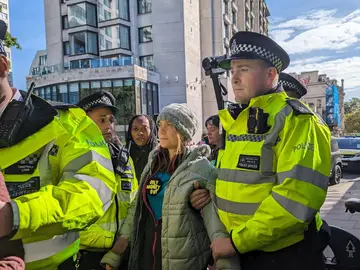 Vuelven a detener a Greta Thunberg La activista sueca Greta Thunberg, detenida por la Policía durante una protesta ecologista en Londresuna protesta contra los combustibles fósiles en Londres
