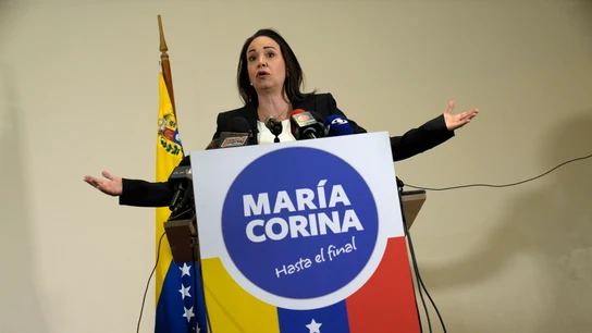 María Corina, líder de la oposición en Venezuela, en una rueda de prensa en julio de 2023, después de ser inhabilitada María Corina, líder de la oposición en Venezuela, en una rueda de prensa en julio de 2023, después de ser inhabilitada