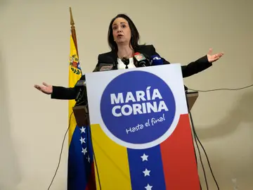 María Corina, líder de la oposición en Venezuela, en una rueda de prensa en julio de 2023, después de ser inhabilitada
