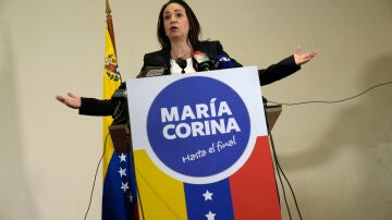 María Corina, líder de la oposición en Venezuela, en una rueda de prensa en julio de 2023, después de ser inhabilitada