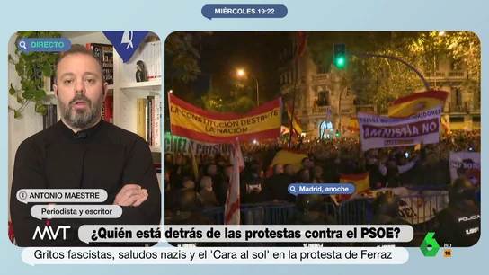 Antonio Maestre reparte la responsabilidad de los disturbios en Ferraz, desde Vox a Juventudes Canillejas "No sé quiénes tiraron las piedras, pero si sé quiénes estaban allí, quiénes convocaron, quienes alentaron la violencia contra la policía, y entre ellos había gente de Vox", afirma rotundo el periodista Antonio Maestre en este vídeo de Más Vale Tarde.