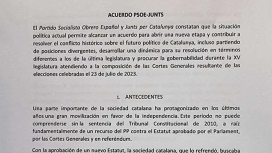Fragmento del documento del acuerdo PSOE -Junts para la investidura de Pedro Sánchez Fragmento del documento del acuerdo PSOE -Junts para la investidura de Pedro Sánchez