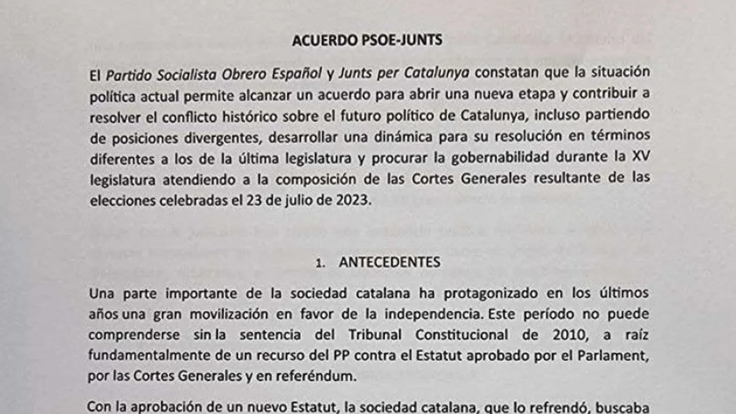 Fragmento del documento del acuerdo PSOE -Junts para la investidura de Pedro Sánchez Fragmento del documento del acuerdo PSOE -Junts para la investidura de Pedro Sánchez