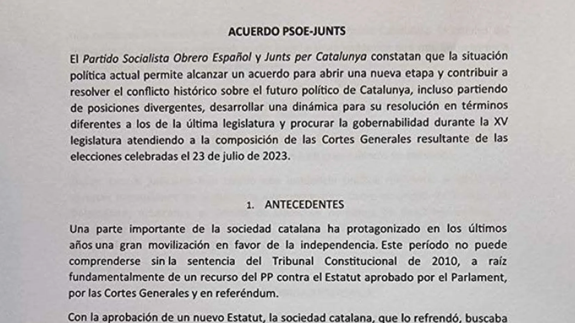 Fragmento del documento del acuerdo PSOE -Junts para la investidura de Pedro Sánchez