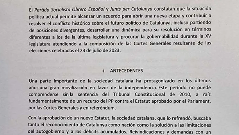 Fragmento del documento del acuerdo PSOE -Junts para la investidura de Pedro Sánchez