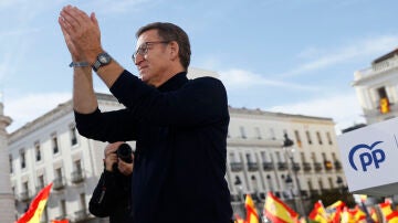El líder del PP, Alberto Núñez-Feijóo, durante la manifestación convocada por el PP contra la amnistía en la Puerta del Sol en Madrid