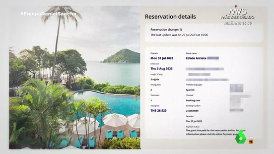 Detalles de la reserva de hotel que Edwin Arrieta hizo en Tailandia. El desorbitado precio del hotel que Edwin Arrieta pagó en Tailandia y donde Daniel Sancho durmió
