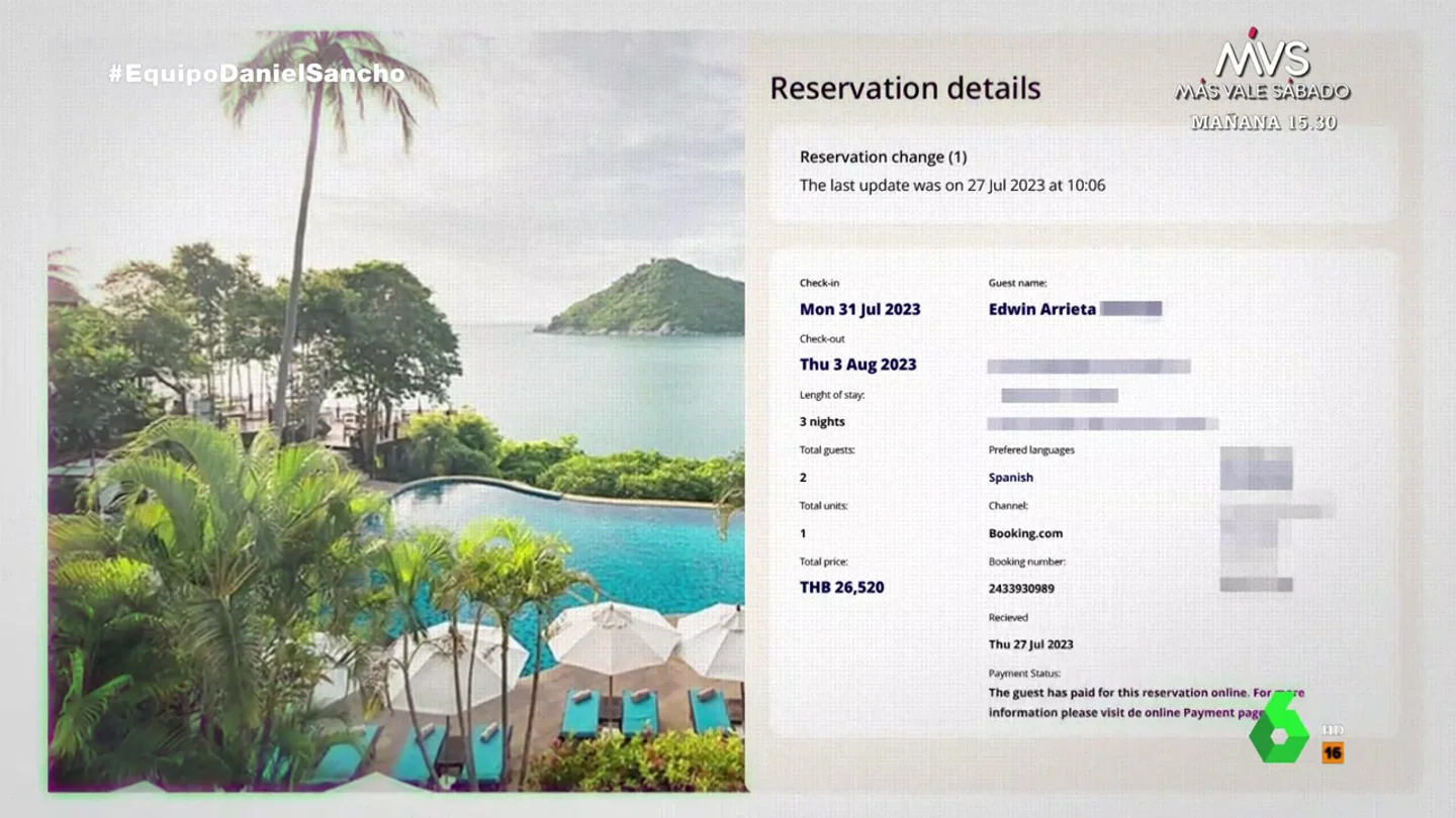 Detalles de la reserva de hotel que Edwin Arrieta hizo en Tailandia. El desorbitado precio del hotel que Edwin Arrieta pagó en Tailandia y donde Daniel Sancho durmió